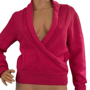 CALLAHAN Risa Top Sweater Hot Pink Faux Wrap Front Nubby Cotton Knit Small